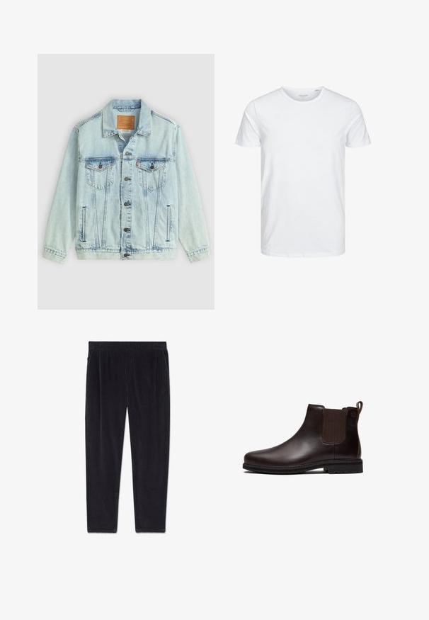 Veste en denim bleu clair avec un col, fermeture à boutons, deux poches poitrine et un patch logo au dos, présentant une texture usée.; T-shirt à col rond à manches courtes de couleur blanche unie, fabriqué en coton doux, avec un design simple sans motifs ni accents visibles.; Pantalon en velours côtelé noir avec une ceinture élastique et des poches latérales, présenté à plat sur un fond blanc.; Bottine Chelsea en cuir marron foncé avec panneau latéral élastique, languette au talon et semelle en caoutchouc noire, vue de profil.