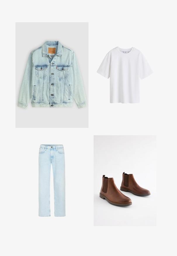 Chaqueta de denim azul claro con cuello, cierre de botones, dos bolsillos en el pecho y parche de logo en la parte posterior, con una textura desgastada.; Camiseta blanca lisa de algodón con mangas cortas y cuello redondo, mostrada de frente sobre un fondo blanco.; Vaqueros azul claro de pierna recta con botón y cremallera delanteros, trabillas para cinturón y bolsillos delanteros sobre un fondo blanco.; Botas de cuero marrón hasta el tobillo con paneles elásticos laterales, punta redondeada y tacón apilado. Textura suave con acentos marrones contrastantes.