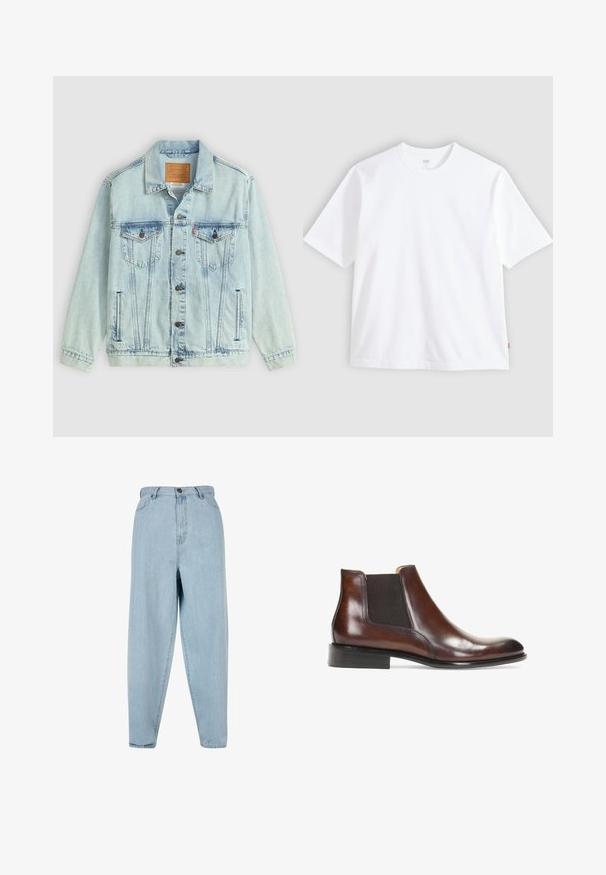 Veste en denim bleu clair avec un col, fermeture à boutons, deux poches poitrine et un patch logo au dos, présentant une texture usée.; T-shirt blanc à manches courtes en coton, doté d'un col rond et d'une coupe droite. Étiquette visible sur l'ourlet latéral inférieur.; Jean taille haute bleu clair avec une coupe décontractée. Comprend un bouton sur le devant, une fermeture éclair et un design à cinq poches. Texture du tissu légèrement délavée.; Bottine en cuir marron avec des panneaux latéraux élastiques, une finition lisse, des coutures décoratives et un talon rectangulaire bas.
