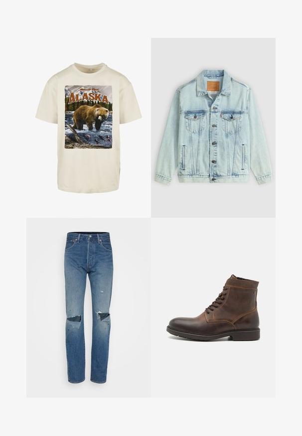 Chaqueta de denim azul claro con cuello, cierre de botones, dos bolsillos en el pecho y parche de logo en la parte posterior, con una textura desgastada.; Camiseta de algodón color crema con una impresión gráfica de un oso pardo en el agua, montañas y árboles, con "Alaska" y "La Última Frontera."; Jeans desgastados de color azul claro con un diseño de pierna recta, cortes en las rodillas deshilachados y un estilo clásico de cinco bolsillos con herrajes metálicos.; Jack & Jones JFWDELANEY BOOT - Botines con cordones - cognac