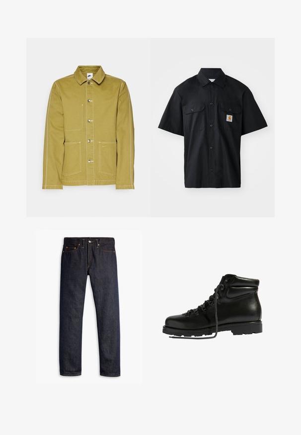 Olivgrüne Jacke aus Baumwolle mit Knopfverschluss vorne, zwei frontalen Taschen und kontrastierendem weißen Nähten. Nike-Logo auf der unteren Tasche.; Schwarzes Kurzarmhemd aus gewebtem Stoff, mit einer knöpfbaren Vorderseite, zwei Brusttaschen und einem kleinen orangen Logo-Patch.; Dunkelblaue Jeans aus Denim mit geradem Schnitt, fünf Taschen-Design, kupfernen Nieten, gelben Nähten und einem ausgeprägten strukturierten Stoff.; Schwarze Lederwanderschuhe mit einem gepolsterten Kragen, grauen Schnürsenkeln, Metallschlingen und einer robusten Gummisohle mit tiefen Profilen für besseren Halt.