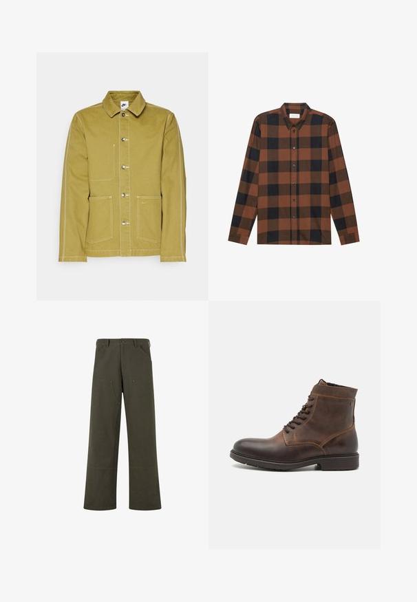 Veste vert olive en coton, avec un devant à bouton, deux poches avant et des coutures blanches contrastantes. Logo Nike sur la poche inférieure.; Chemise à manches longues à carreaux marron et noir en tissu, avec un col à rabat et une patte de boutonnage ; présente des manches à poignets.; PROHIBITED EAST HAM CARPENTER - Pantalon classique - green; Jack & Jones JFWDELANEY BOOT - Bottines à lacets - cognac