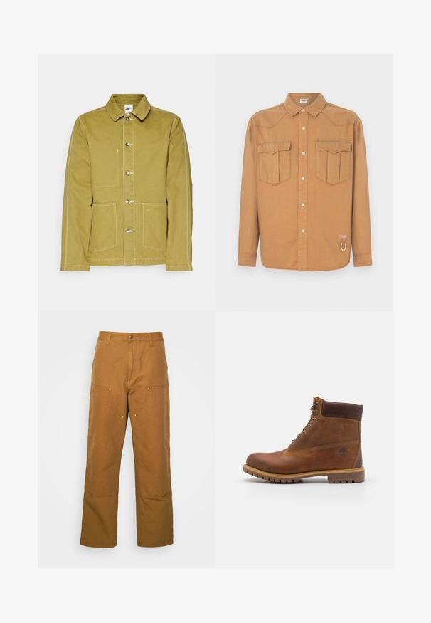 Oliven grøn jakke lavet af bomuld, med knaplukning fortil, to forlommer og kontrastsyede hvide sømme. Nike-logo på den nederste lomme.; Brun denimskjorte med to brystlommer, spids krave, knaplukning foran og kontrastsyning. Indeholder en logo-patch og en løkke detalje.; Brune bomuldsarbejdsbukser med lige ben-design, der har frontlommer og metalhardware detaljer for ekstra holdbarhed.; Brun læder vandrestøvle med en glat finish, polstret ankel, metalliske snørehuller og en gummisål med et robust dækmønster.