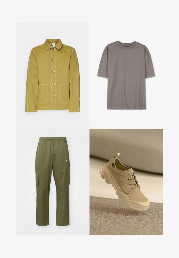 Olivovo zelená bunda vyrobená z bavlny, so zapínaním na gombíky vpredu, dvoma prednými vreckami a kontrastným bielym prešívaním. Logo Nike je na dolnom vrecku.; Šedé krátke tričko s krátkym rukávom vyrobené z mäkkej bavlny. Má okrúhly výstrih a jemne vyšívané logo vpredu. Voľný strih.; Olive zelené cargo nohavice s elastickým pásom, dvoma bočnými vreckami a malým logom na ľavom stehne. Vyrobené z ľahkého materiálu.; Béžová plátená teniska s okrúhlou špičkou, šnurovaním a odolnou gumovou podrážkou. Má prešívané detaily a pútko na ľahké obúvanie.