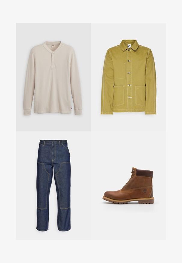 Olivgrüne Jacke aus Baumwolle mit Knopfverschluss vorne, zwei frontalen Taschen und kontrastierendem weißen Nähten. Nike-Logo auf der unteren Tasche.; Langärmliges Henley-Shirt aus leicht beigem Rippstoff mit V-Ausschnitt, Knopfleiste mit drei Knöpfen und angeschnittenen Ärmeln. Roter Logo-Tag am Saum.; Dunkelblaue Jeans aus Denim mit hoher Taille, geradem Bein-Design, kontrastierenden Nähten und aufgesetzten Taschen auf der Vorderseite.; Braune Lederwanderschuhe mit glatter Oberfläche, gepolstertem Knöchel, Metallösen und einer Gummisohle mit robustem Profil.