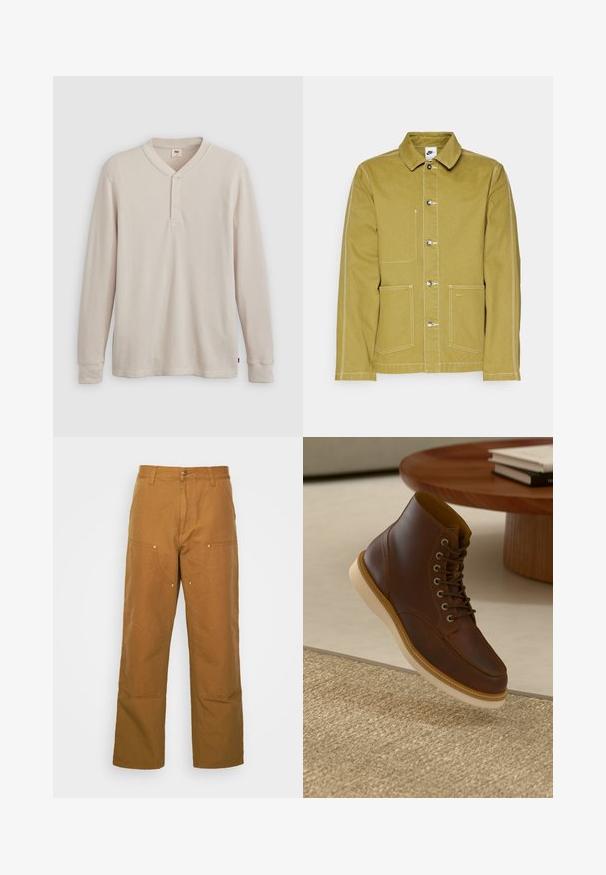 Oliven grøn jakke lavet af bomuld, med knaplukning fortil, to forlommer og kontrastsyede hvide sømme. Nike-logo på den nederste lomme.; Langærmet henley-skjorte i lys beige ribbet stof, med V-hals, tre-knap placket og manchetter ved ærmerne. Rød logo-tags ved kanten.; Brune bomuldsarbejdsbukser med lige ben-design, der har frontlommer og metalhardware detaljer for ekstra holdbarhed.; Brune læderankelstøvle med beige sål på et struktureret beige tæppe ved siden af et rundt træbord med stakke af bøger.