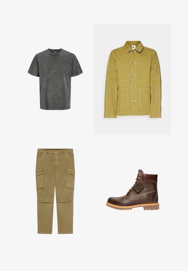 Olivgrüne Jacke aus Baumwolle mit Knopfverschluss vorne, zwei frontalen Taschen und kontrastierendem weißen Nähten. Nike-Logo auf der unteren Tasche.; Kurzärmliges T-Shirt in einem verblassten Dunkelgrau, aus weichem Stoff mit Rundhalsausschnitt und lockerer Passform. Glatte Textur, ohne Muster.; Khakifarbene Cargohosen mit Knopf- und Reißverschluss, ausgestattet mit seitlichen Klappentaschen und schrägen Vorderentaschen.; Braune Leder-Ankelstiefel mit runder Zehenpartie, robuster Sohle, goldfarbener Hardware und strukturiertem Obermaterial. Enthält ein angehängtes Logo-Tag.