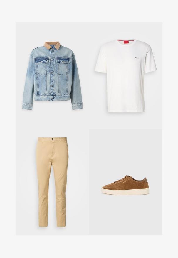 Chaqueta vaquera azul claro con cuello marrón claro, cierre delantero con botones y dos bolsillos en el pecho con botones sobre un fondo liso.; Camiseta de algodón blanca de cuello redondo y mangas cortas, con un pequeño logo negro "HUGO" en el lado izquierdo del pecho y una etiqueta roja de contraste en el interior.; Chinos beige de algodón con una textura suave. Incluyen un cierre de botón, pasadores para cinturón y se estrechan hacia el tobillo.; Zapatilla de ante marrón con punta redondeada, suela de goma crema y cordones tonales. Presenta un logo en relieve en el lateral y un panel trasero liso.