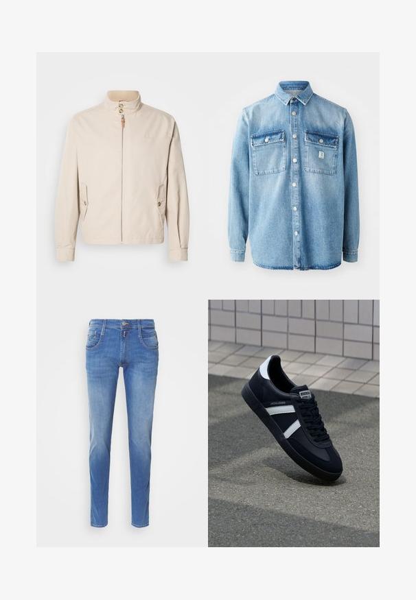 Beige bomuldsjakke med en kort stående krave, lynlås foran, to sidelommer og knapdetaljer. Glat tekstur med minimalistisk design.; Lys blå denimskjorte med lange ærmer, spidse krave, to brystlommer og frontknaplukning. Har en subtil stoftekstur og syningsdetaljer.; Blå denimjeans med slim fit. Har fem lommer, lukning med knap foran og let falming på benene. Lige benudskæring.; Sort lædersneaker med hvide striber, tekstureret gummisål og snørrebånd foran. Har et brandet mærke på tungen.
