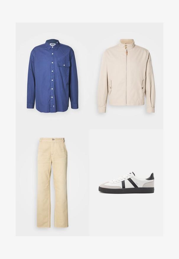 Beige bomuldsjakke med en kort stående krave, lynlås foran, to sidelommer og knapdetaljer. Glat tekstur med minimalistisk design.; Mørkeblå langærmet skjorte med knapper i vævet stof, med spidse kraver, forlommer og hvide knapper langs knapstolpen.; Khaki bukser med vide ben lavet af blød bomuld, med enkelt knaplukning, frontlommer og synlige stikninger langs sømmene.; Hvide sneakers med sorte og grå detaljer, med en tekstureret grå tåhætte, sort gummisål og flade hvide snørebånd. Rent design, minimalistisk stil.