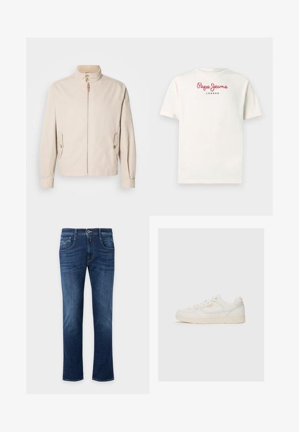 Beige Baumwolljacke mit kurzem Stehkragen, Frontreißverschluss, zwei Seitentaschen und Knopfdetails. Glatte Textur mit minimalistischem Design.; Weißes Baumwoll-T-Shirt mit kurzen Ärmeln. Das rote Logo in Schreibschrift zeigt "Pepe Jeans" über dem in Schwarz geschriebenen "LONDON". Einfaches, lässiges Design.; Dunkelblaue Straight-Leg-Jeans mit vorderem Knopf, Reißverschluss und Fünf-Taschen-Design.; Weiße Leder-Sneaker mit glatter Textur, versehen mit perforierten Akzenten, Schnürung an der Vorderseite und einem subtilen Logo in Gold an der Seite.