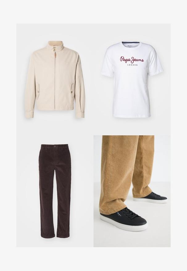 Beige bomuldsjakke med en kort stående krave, lynlås foran, to sidelommer og knapdetaljer. Glat tekstur med minimalistisk design.; Hvid bomulds t-shirt med maroon "Pepe Jeans" logo og teksten "LONDON", rund hals, korte ærmer og en afslappet pasform.; Brune fløjl bukser med lige snit, der har knaplukning og oprettede manchetter, der viser en lodret ribbet tekstur.; Sorte lædersneakers med hvide gummisåler. Båret med tanfarvede corduroybukser med vertikale ribber og en afslappet pasform.