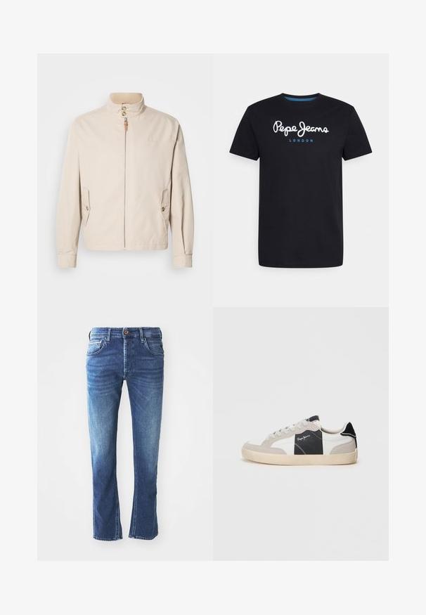 Beige bomuldsjakke med en kort stående krave, lynlås foran, to sidelommer og knapdetaljer. Glat tekstur med minimalistisk design.; Sort bomulds T-shirt med et hvidt skriftskriftlogo "Pepe Jeans" med en blå accent, rund hals og korte ærmer. Enkel, ensfarvet design.; Mørkeblå denim jeans med lige ben-design, der har fem lommer, en brun knaplukning og diskret lys udtoning ved lårene.; Hvide og grå lavtop sneakers lavet af ruskind og læder. Har en sort accent, hvid syning og en gummisål.