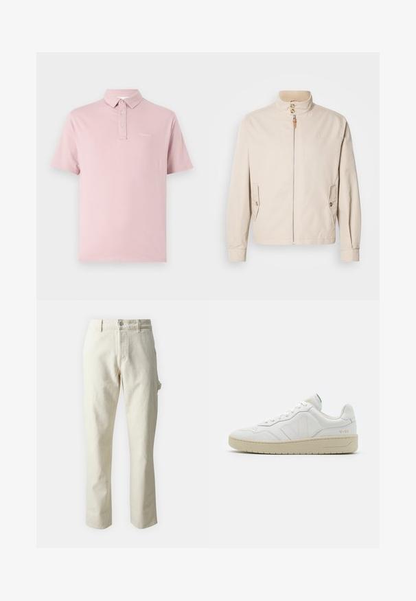 Beige bomuldsjakke med en kort stående krave, lynlås foran, to sidelommer og knapdetaljer. Glat tekstur med minimalistisk design.; Polo skjorte i blød pink bomuld, har krave, to knaplukninger og et lille logo på venstre bryst. Korte ærmer, standard pasform.; Beige lige bukser lavet af bomuld med en blød struktur, der har en frontlukning med knap og sidelommer.; Hvide lædersneakers med struktureret overflade og polstret krave. Har en beige gummisål og diskret branding på hælen og siden.