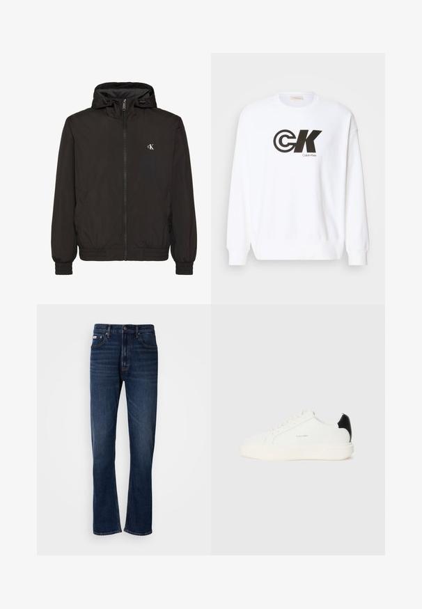 Zwarte capuchonjas met ritssluiting, elastische manchetten en zoom, met een klein wit "cK"-logo op de linkerbovenborst.; Witte sweatshirt van katoen met een zwarte Calvin Klein-logo print. Het heeft een ronde hals en ribgebreide manchetten en onderrand.; Donkerblauwe denim jeans met een rechte pijpdesign, voorzien van vijf zakken, een ritssluiting en contrasterende stiksels. Textuurstof met een gladde afwerking.; Witte leren sneaker met een zwarte accent op de hak, met een ronde neus, platte veters en een dikke witte zool. Calvin Klein-logo weergegeven.