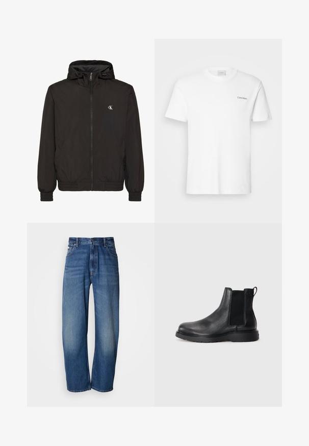 Zwarte capuchonjas met ritssluiting, elastische manchetten en zoom, met een klein wit "cK"-logo op de linkerbovenborst.; Witte katoen T-shirt met korte mouwen en een ronde hals. Bevat een klein zwart "Calvin Klein" logo op de linkerborst.; Wijde jeans van denim in een middelblauwe wassing. Voorzien van een ritsvlieger, vijf zakken en lichte vervaging voor een gedragen uitstraling. Klassieke stikdetails.; Zwarte leren Chelsea boots met een gestructureerde afwerking, elastische zijpanelen en een stevige rubberen zool. Subtiele branding op de hiel.