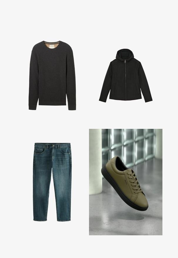 Sort hættejakke med glat tekstur, forrest lynlås og to sidelommer. Fremhævet med en kontrastfarvet kant langs hætten.; Sort ribbestrikket sweater med rund hals og lange ærmer. Teksturstof og et mærke synligt ved halsudskæringen.; Herre slim fit blå denimjeans med forreste knap, lynlås og klassisk design med fem lommer.; Olivengrøn lavsko med sort sål og snørebånd, "HUGO" mærke på siden, svævende over poleret betongulv nær glasvæg.