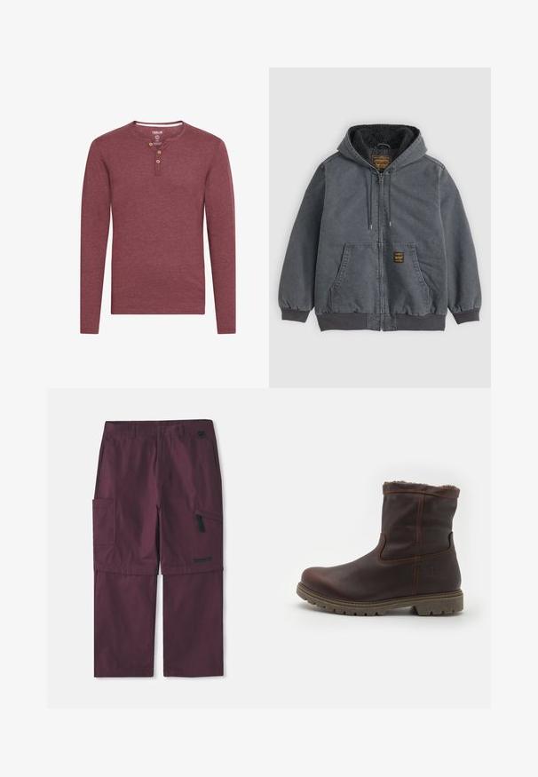 Veste à capuche zippée gris foncé avec poches sur le devant, poignets et ourlet côtelés, et une doublure douce en polaire à l'intérieur de la capuche.; Chemise henley à manches longues de couleur bordeaux, fabriquée en tissu doux, avec un col arrondi et trois boutons en bois sur le plastron.; Pantalons cargo convertibles bordeaux avec poche zippée sur le côté et logo Timberland sur la jambe droite, avec entrejambe allongé montré.; Bottine en cuir marron avec une douce doublure en fourrure, dotée d'une semelle robuste et de coutures visibles le long des coutures.