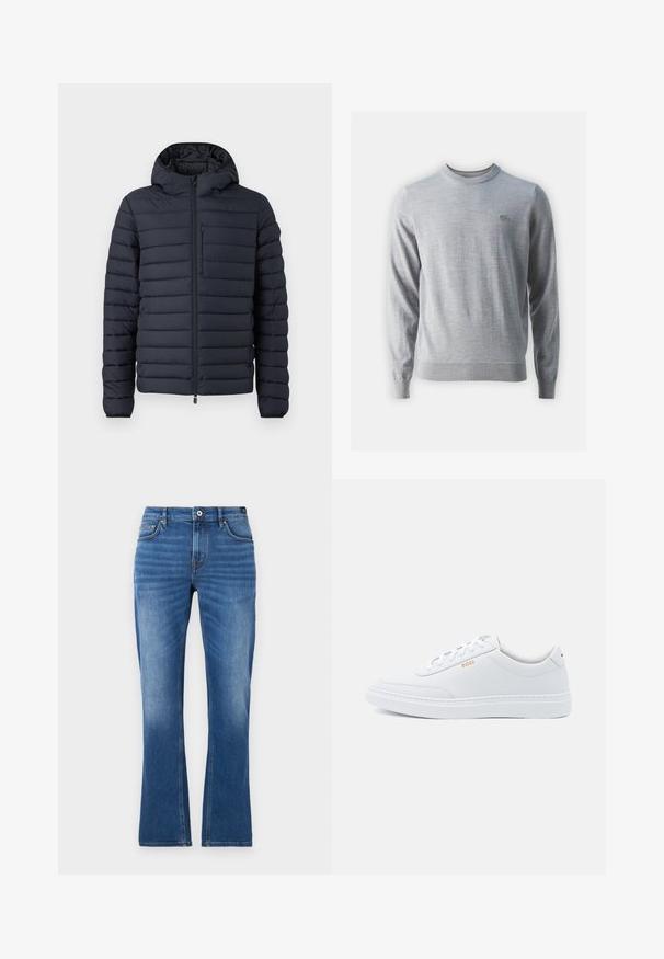 Chaqueta tipo puff en azul marino oscuro, con secciones acolchadas horizontales, capucha, cierre frontal con cremallera y un bolsillo en el pecho con cremallera.; Suéter gris de punto con mangas largas, cuello redondo y puños acanalados. Presenta un pequeño logo bordado en el lado izquierdo del pecho. Textura suave.; Vaqueros acampanados de mezclilla en azul medio. Presentan un diseño de cinco bolsillos, detalles cosidos, un cierre de botón y una textura ligeramente desgastada en las piernas.; Zapatillas de cuero blanco con textura suave, puntera redondeada y costuras tonales. Cuentan con cordones azules y un logo dorado en el lateral.