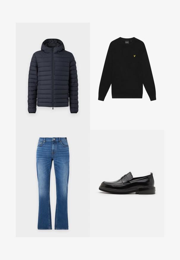 Donzen jas in donkerblauw, met horizontaal gestikte secties, een capuchon, een ritssluiting aan de voorkant en een borstzak met rits.; Zwarte katoenen sweatshirt met lange mouwen en een ronde hals. Voorzien van een klein geel adelaarslogo op de borst. Zachte textuur.; Jeans met uitlopende pijpen in medium blauw. Heeft een vijfzakkenontwerp, stikselaccenten, een knoopsluiting en een licht vervaagde textuur op de benen.; Calvin Klein MOCCASIN - Zakelijke loafers - black