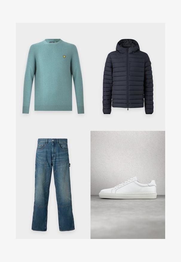 Chaqueta tipo puff en azul marino oscuro, con secciones acolchadas horizontales, capucha, cierre frontal con cremallera y un bolsillo en el pecho con cremallera.; Suéter de cuello redondo en tejido suave color verde azulado, con mangas largas y borde acanalado. Detalle de logo bordado en amarillo en el pecho.; Jeans de mezclilla en un tono azul medio, con un corte relajado, bolsillos delanteros y costuras en contraste. Incluye detalles de panel en las piernas.; Zapatilla blanca con parte superior de cuero liso y perfil bajo. Presenta una puntera redondeada, seis ojales y una suela de goma texturizada.