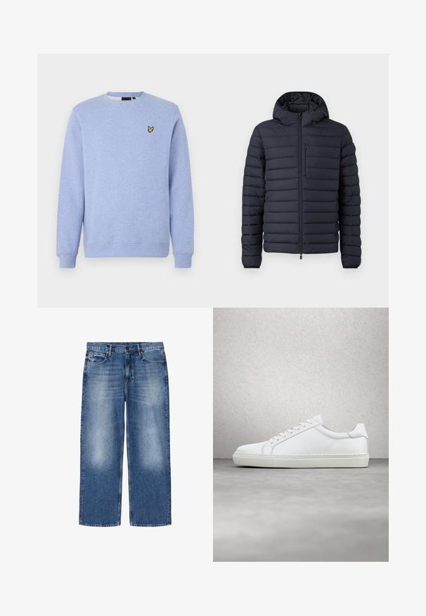 Chaqueta tipo puff en azul marino oscuro, con secciones acolchadas horizontales, capucha, cierre frontal con cremallera y un bolsillo en el pecho con cremallera.; Sudadera azul claro con cuello redondo, puños y bajo acanalados, con un pequeño logo amarillo de un pájaro en el pecho izquierdo.; Vaqueros azules desvaídos de corte recto con cinco bolsillos y cierre de botones, mostrados planos sobre fondo blanco.; Zapatilla blanca con parte superior de cuero liso y perfil bajo. Presenta una puntera redondeada, seis ojales y una suela de goma texturizada.