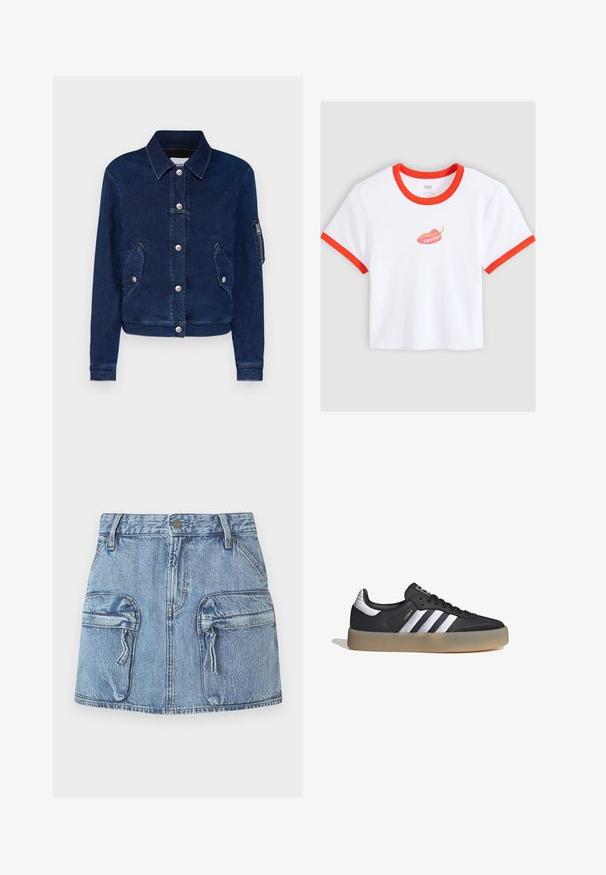Chaqueta de mezclilla azul oscuro con cuello, botones a presión plateados, dos bolsillos frontales y un bolsillo con cremallera en la manga.; Camiseta corta blanca con ribete rojo en el cuello y las mangas, con un gráfico de un chile rojo y el texto "Levi's" en el centro.; Mini falda de mezclilla azul con dos grandes bolsillos frontales con solapa, tiradores de cremallera y trabillas en la cintura.; Zapatilla deportiva de cuero negro con tres rayas plateadas, punta texturizada y suela de goma. Cuenta con un collar acolchado y un diseño con cordones.
