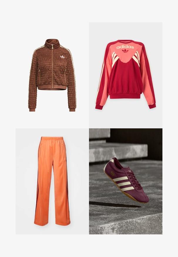 Καφέ κουκουλωτό βελούδινο μπουφάν Adidas με πλήρες φερμουάρ, όρθιο γιακά, πλευρικές τσέπες με φερμουάρ, ριμπ μανσέτες και λευκές τρεις ρίγες στα μανίκια.; Κόκκινο και ροζ φούτερ Adidas με μακριά μανίκια, κρεμ ρίγες, λογότυπο και σύμβολο τριφυλλιού μπροστά σε ανοιχτό φόντο.; Πορτοκαλί αθλητικά παντελόνια από απαλό ύφασμα, με σχέδιο φαρδύς παντελόνας, ελαστική μέση και αντίθετες ρίγες στο πλάι.; Πορφυρό αθλητικό παπούτσι Adidas Tokyo με λευκές ρίγες και σόλα από καουτσούκ φαίνεται να αιωρείται πάνω από σκάλες από σκυρόδεμα σε απαλό φωτισμό.