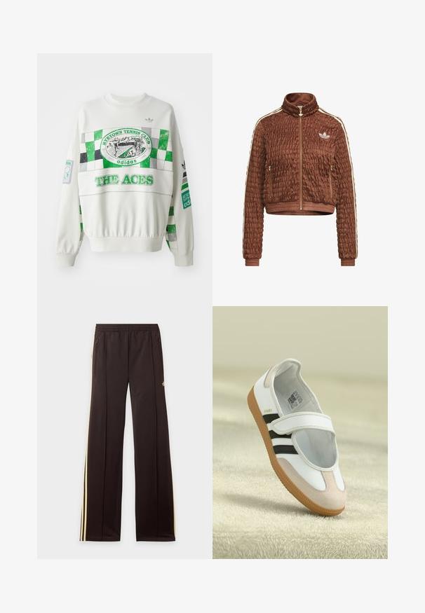 Hnedá prešívaná bunda z velúru Adidas s celým zipsom, stojačikom, bočnými vreckami na zips, rebrovanými manžetami a bielym trojpásikovým detailom na rukávoch.; Biela mikina so zeleno-sivým štvorcovaným dizajnom, štítkom "RITETOWN TENNIS CLUB" a textom "THE ACES" na prednej strane. Elastické manžety.; Čierne tepláky so žltými bočnými pruhmi, elastickým pásom, bočnými vreckami na zips a malým logom na hornej časti stehna.; Biele topánky s ružovým semišovým špičkou, čiernymi pruhmi a suchým zipsom. Majú hnedú gumovú podrážku a logo po boku.