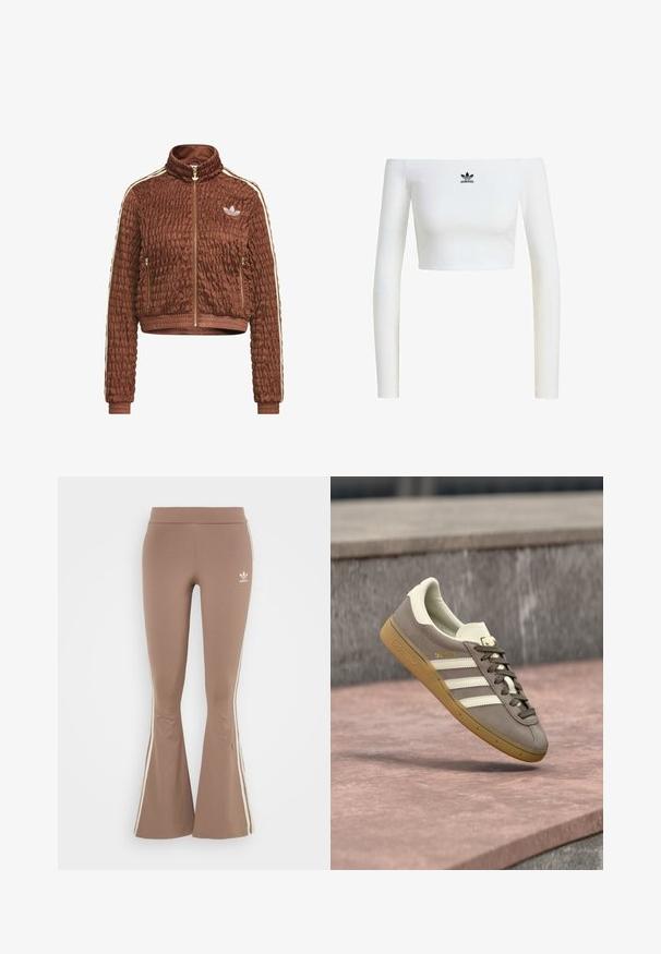 Hnedá prešívaná bunda z velúru Adidas s celým zipsom, stojačikom, bočnými vreckami na zips, rebrovanými manžetami a bielym trojpásikovým detailom na rukávoch.; Biela crop top s odhalenými ramenami z rebrovaného materiálu, s dlhými rukávmi a malým čiernym logom Adidas na prednej strane.; Hnedé balónové legíny vyrobené z elastického materiálu, s bielymi bočnými pruhmi a malým bielym logom na ľavom stehne. Hladká textúra.; Svetlohnedá semišová teniska Adidas s bielymi pruhmi a gumovou podrážkou, visí nad ružovými kamennými schodmi vonku.