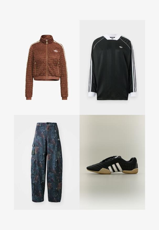 Chaqueta marrón de velour acolchada de Adidas con cremallera completa, cuello alto, bolsillos laterales con cremallera, puños acanalados y detalles blancos de tres rayas en las mangas.; Camiseta negra de manga larga con escote en V, con rayas verticales, detalles en blanco y tres rayas blancas en cada manga. Pequeño logo en el pecho.; Pantalones cargo de camuflaje en verde oscuro y marrón, con múltiples bolsillos y un ajuste holgado, hechos de una tela ligera y resistente.; Zapato deportivo negro con rayas blancas y suela texturizada beige sobre un fondo neutro, mostrado de perfil.