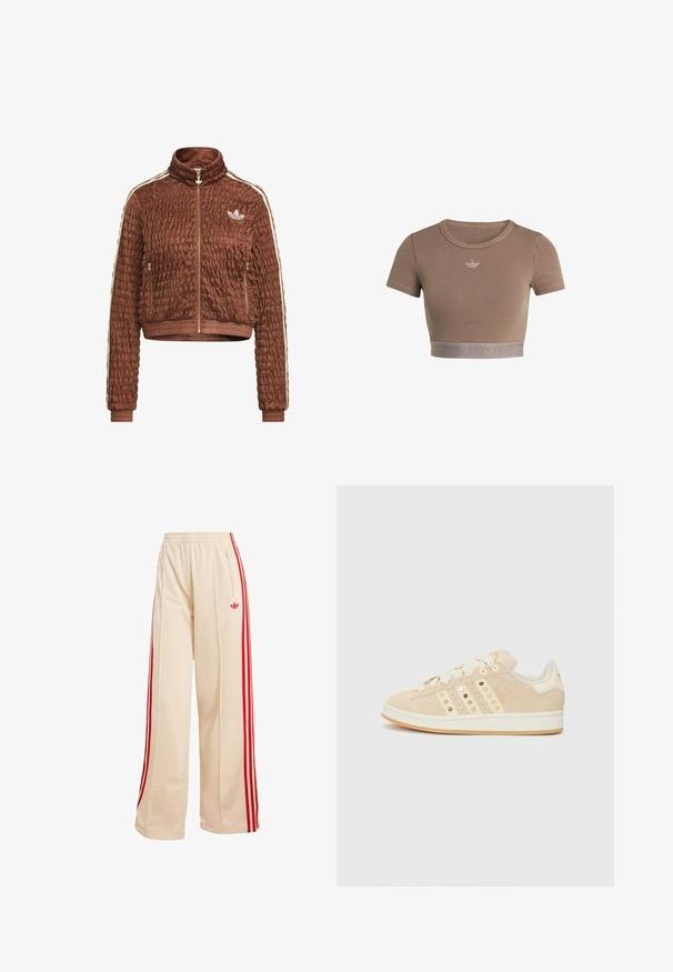 Braune gesteppte Velours-Jacke von Adidas mit durchgehendem Reißverschluss, Stehkragen, seitlichen Reißverschlusstaschen, gerippten Bündchen und weißen Drei-Streifen-Details an den Ärmeln.; Braunes, geripptes Crop-Top mit kurzen Ärmeln, rundem Ausschnitt und einem strukturierten Saumband am unteren Rand mit einem dezenten Logomuster.; Beige weit geschnittene Jogginghose mit elastischem Bund, roten Seitenstreifen, Reißverschlusstasche und rotem Adidas-Trefoil-Logo am rechten Oberschenkel.; adidas Originals CAMPUS 00S W - Sneaker low - sand strata/cream white/gold-coloured