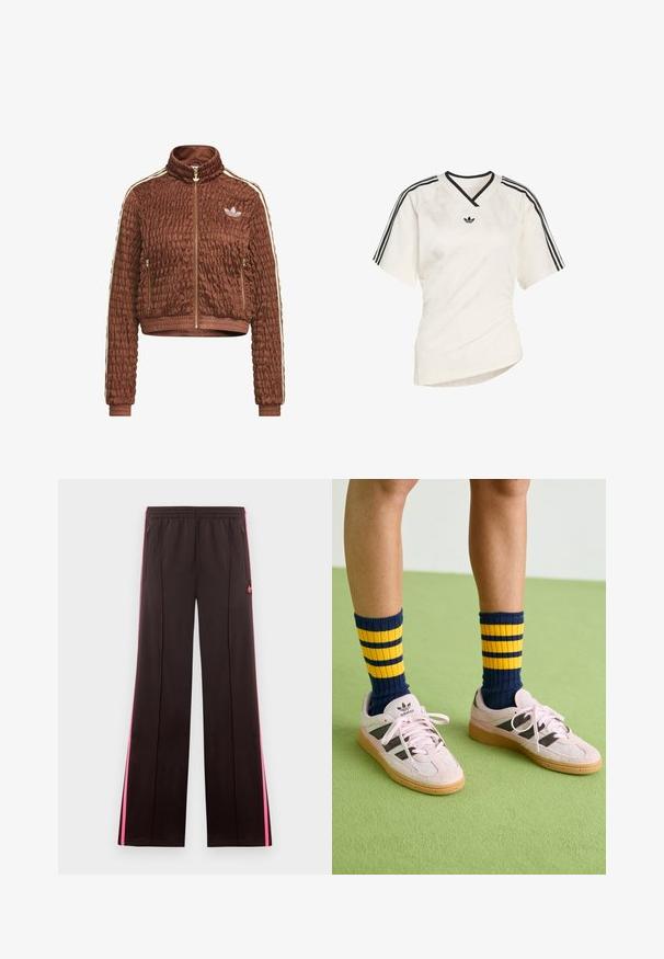 Καφέ κουκουλωτό βελούδινο μπουφάν Adidas με πλήρες φερμουάρ, όρθιο γιακά, πλευρικές τσέπες με φερμουάρ, ριμπ μανσέτες και λευκές τρεις ρίγες στα μανίκια.; Λευκό αθλητικό μπλουζάκι με κοντά μανίκια, μαύρες τρεις ρίγες, σχέδιο με λαιμόκοψη V και λογότυπο στο στήθος σε τονικούς τόνους. Λεία υφή υφάσματος.; Μαύρο αθλητικό παντελόνι με ροζ πλευρικές ρίγες, ελαστική μέση, τσέπες με φερμουάρ και λογότυπο Adidas στο αριστερό μηρό.; Ανοιχτό ροζ σουέντ αθλητικά παπούτσια με μαύρες ρίγες και καουτσούκ σόλες, συνδυασμένα με ναυτικές και κίτρινες ριγέ ριμπ κάλτσες. Πράσινο υφασμάτινο δάπεδο.