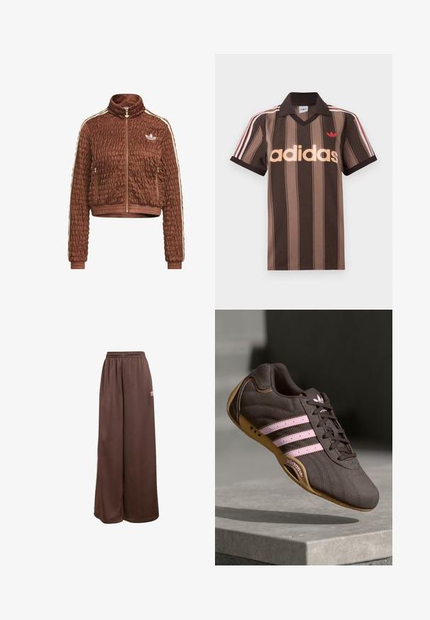 Brun quiltet velour Adidas-jakke med fuld lynlås, stående krave, sidelommer med lynlås, ribbede ærmegab og hvide tre-stribe detaljer på ærmerne.; Brunstribet Adidas polo-shirt med V-hals, bordeaux krave og rødt logo. Har hvide og røde skulderstriber samt korte ærmer.; adidas Originals Træningsbukser - auburn cream white; Brune ruskind atletik sko med pink striber og logo, med en tekstureret overdel, snørebåndslukning og en gummirubbersål.
