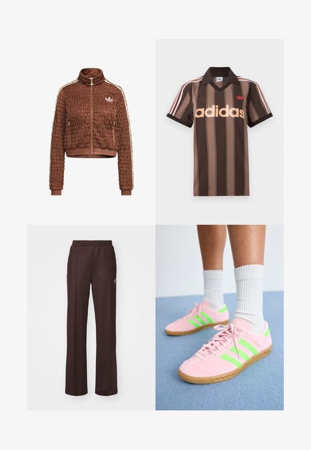 Hnedá prešívaná bunda z velúru Adidas s celým zipsom, stojačikom, bočnými vreckami na zips, rebrovanými manžetami a bielym trojpásikovým detailom na rukávoch.; Hnedé prúžkované polo tričko Adidas s výstrihom do V, bordovým golierom a červeným logom. Má bielo-červené pruhy na ramenách a krátke rukávy.; Hnedé športové nohavice s elastickým pásom, dvoma bočnými vreckami a malým logom na ľavej strane, vyrobené z mäkkej látky.; Ružové semišové tenisky s neónovo zelenými pruhmi a svetlohnedými gumovými podrážkami. Vyznačujú sa štruktúrovaným materiálom a plochým šnurovacím dizajnom.