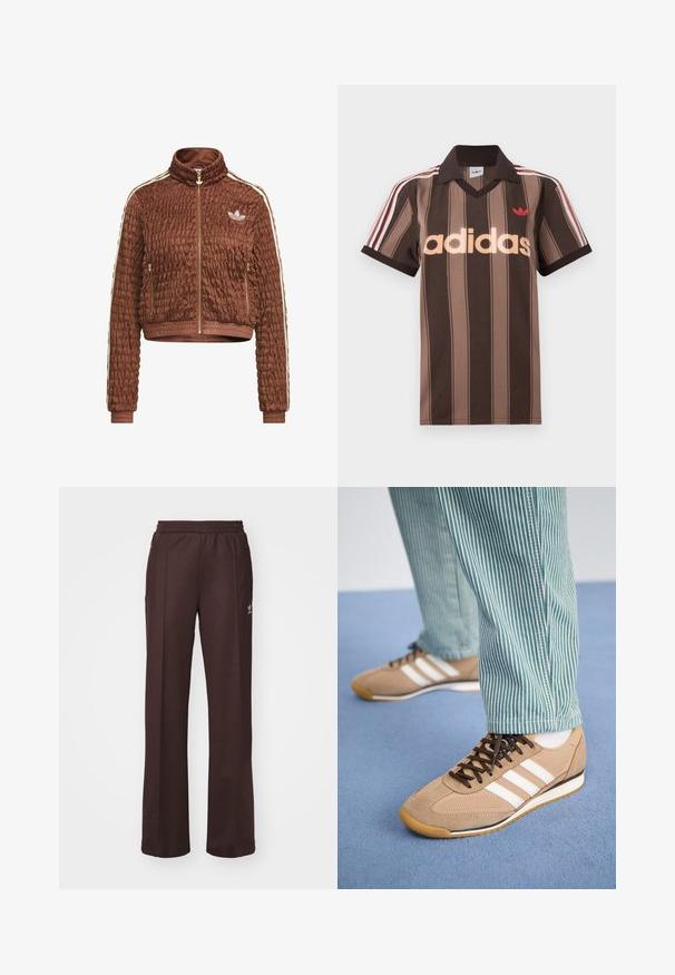 Hnedá prešívaná bunda z velúru Adidas s celým zipsom, stojačikom, bočnými vreckami na zips, rebrovanými manžetami a bielym trojpásikovým detailom na rukávoch.; Hnedé prúžkované polo tričko Adidas s výstrihom do V, bordovým golierom a červeným logom. Má bielo-červené pruhy na ramenách a krátke rukávy.; Hnedé športové nohavice s elastickým pásom, dvoma bočnými vreckami a malým logom na ľavej strane, vyrobené z mäkkej látky.; Svetlé semišové a sieťovinové tenisky s hnedými šnúrkami a tromi bielymi pruhmi. V kombinácii so zelenými a bielymi pruhovanými nohavicami, položené na modrom povrchu.