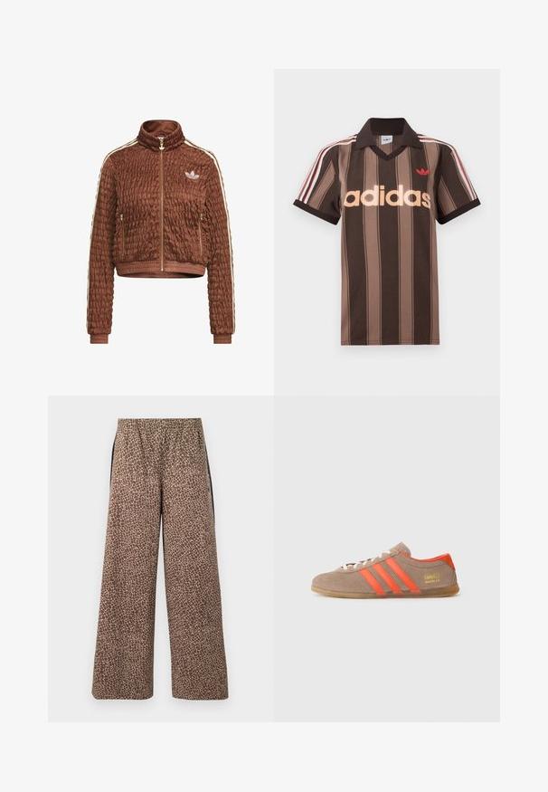 Brun quiltet velour Adidas-jakke med fuld lynlås, stående krave, sidelommer med lynlås, ribbede ærmegab og hvide tre-stribe detaljer på ærmerne.; Brunstribet Adidas polo-shirt med V-hals, bordeaux krave og rødt logo. Har hvide og røde skulderstriber samt korte ærmer.; Brune bukser med vide ben og et beige dyreprintmønster, elastisk linning og kontrasterende sorte sidestriber. Blød stoftekstur.; Brune ruskinds sneakers med tre klare orange striber, snørebånd foran og gyldent "Gazelle" branding på siden. Flad gummi sål.