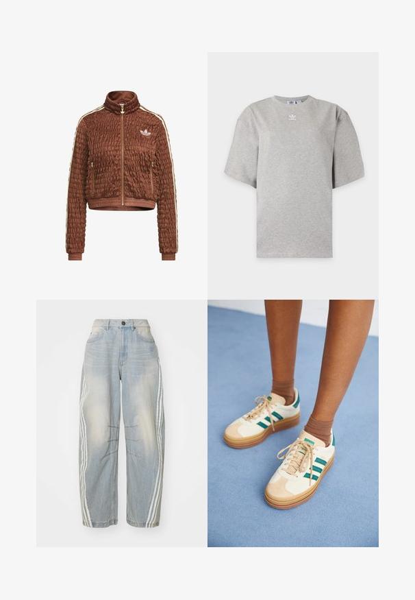 Bruine doorgestikte velours Adidas-jas met volledige ritssluiting, staande kraag, zijritszakken, geribbelde manchetten en witte drie-strependetails op de mouwen.; Lichtgrijs Adidas T-shirt met korte mouwen, ronde hals en klein wit Adidas-logo op de borst, weergegeven op een effen achtergrond.; Lichtblauwe denim jeans met een losse pasvorm, voorzien van witte strepen aan de zijkanten, verweringdetails en een knoopsluiting in de taille.; Beige sneakers met donkergroene strepen, rubberen zool, bovenwerk van suede en textiel, en neutrale hardware, gecombineerd met bruine sokken op een lichtblauwe ondergrond.