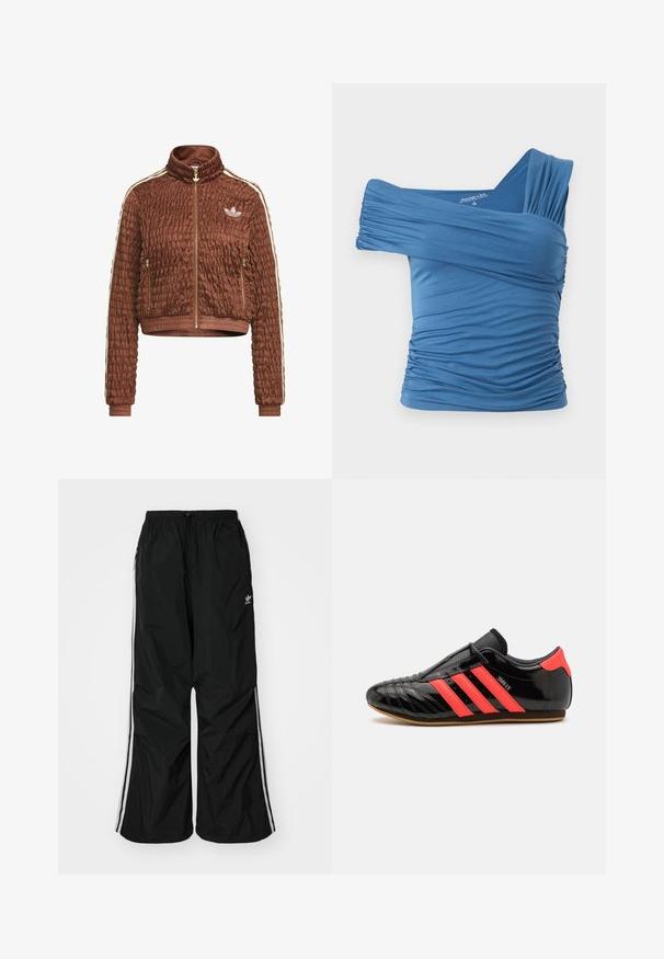 Pruun õmmeldud veluurist Adidas jope täislukuga, kõrge kaelusega, külgedel tõmblukuga taskutega, soonikkoes mansettidega ja valge kolme triibuga detailidega varrukatel.; Sinine, õlavarrelt avatud tops, mis on valmistatud venivast kangast, külgedel rütmide detailidega ja ühe laia rihmaga disain. Sile tekstuur.; Mustade tuulekindlad püksid elastse vöökoha ja sisemise nööridega, valged külgmised triibud, vabalt langev lõige, väikese logoga vasakul küljel.; Mustad mustad sportjalatsid, millel on kolm horisontaalset roosat triipu, voolav disain, sileda lakiga pealis, kummist tallad ja tekstuursed õmblusdetailid.