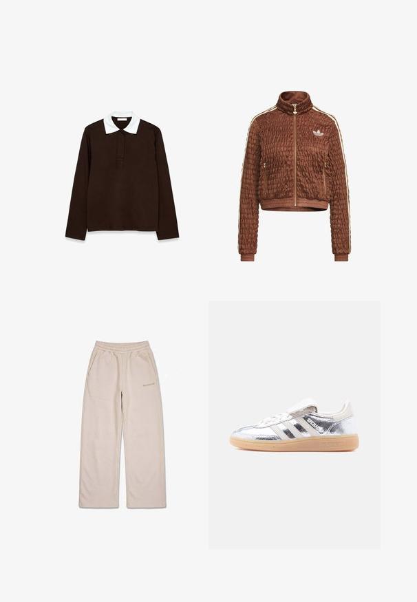 Bruine doorgestikte velours Adidas-jas met volledige ritssluiting, staande kraag, zijritszakken, geribbelde manchetten en witte drie-strependetails op de mouwen.; Langsleeve polo shirt in donkerbruin stof met een witte, gestructureerde kraag en een drie-knops stolp. Glad, comfortabel materiaal.; Beige sweatpants met wijde pijpen, elastische tailleband en zijzakken, met een klein geborduurd merklogo op de rechterdij.; Zilverkleurige metallic Adidas Spezial sneaker met witte strepen en een gumkleurige zool, weergegeven vanaf de linkerkant op een effen witte achtergrond.