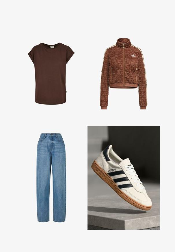 Brun quiltet velour Adidas-jakke med fuld lynlås, stående krave, sidelommer med lynlås, ribbede ærmegab og hvide tre-stribe detaljer på ærmerne.; Brun bomulds t-shirt med korte optrillede ærmer, rund halsudskæring og en løs pasform. Har et lille mærke på side sømmen.; Lyseblå denimjeans med lige ben-design, der har en knaplukning, fem lommer og subtilt slid i stoffet.; Hvide ruskinds sneakers med marineblå striber, gummisål, struktureret overdel, rund tå og snøring; har branding på siden og tungen.