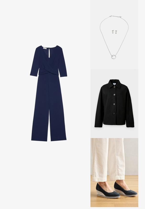 Sort langærmet jakke med krave og fire store brune knapper foran, vist på en hvid baggrund.; Marineblå jumpsuit lavet af glat stof, med V-hals, trekvartlange ærmer, snoet talje og bukser med brede ben. Detalje med nøglehul bagpå inkluderet.; Mørkeblå ruskinds wedgesko med en flettet hvid sål og en rund tå, parret med cremede ribbede bukser. Trægulv i baggrunden.; Sølv halskæde med en tynd kæde og en cirkulær vedhæng, der har en lille sten, parret med matchende øreringe i blomsterform.