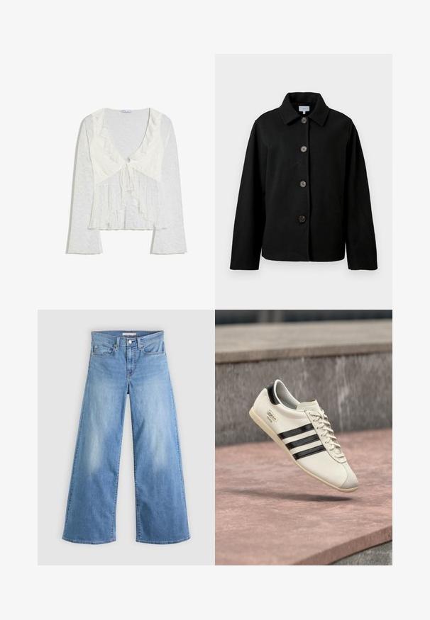 Veste noire à manches longues avec un col et quatre grands boutons marron sur le devant, affichée sur fond blanc.; Blouse blanche à manches longues en dentelle avec col à volants et fermeture à nouer sur le devant, avec un ourlet superposé légèrement évasé.; Jeans larges bleu clair en denim, avec une taille haute, une fermeture éclair et un bouton à l'avant, et un design classique à cinq poches.; Baskets blanches Adidas avec des rayures noires et une semelle beige, flottant au-dessus d'une surface en béton rosâtre et d'un fond en pierre grise.