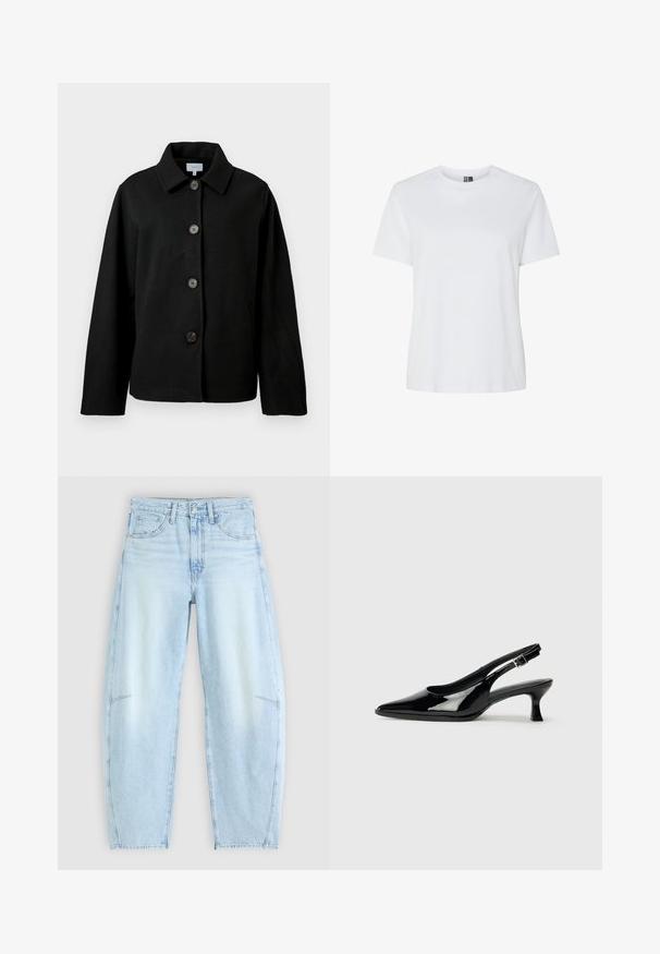 Schwarze Jacke mit langen Ärmeln, einem Kragen und vier großen braunen Knöpfen auf der Vorderseite, vor einem weißen Hintergrund präsentiert.; Schlichtes weißes T-Shirt mit kurzen Ärmeln und Rundhalsausschnitt, dargestellt auf weißem Hintergrund ohne sichtbare Muster oder Logos.; Hellblaue Denim-Jeans mit relaxed Fit, hoher Taille, Fünf-Taschen-Design und subtilen Ausbleichungen sowie ausgefransten Saumdetails.; Schwarze Lackleder Slingback-Schuhe mit spitzem Zehenbereich und niedrigem Blockabsatz. Verstellbarer Riemen mit Schnalle am Knöchel.