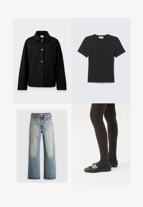 Sort langærmet jakke med krave og fire store brune knapper foran, vist på en hvid baggrund.; Sort T-shirt med korte ærmer og rund hals lagt fladt med et lille hvidt mærke inde i kraven mod en lys baggrund.; Lysevaskede, blå denim bredbenede jeans med høj talje, fem lommer og messingdetaljer. Aftagende nuancer foran og bagpå.; Ben iført mørke ribbede leggings kombineret med sorte balletsko med små sløjfedetaljer på hvid baggrund.