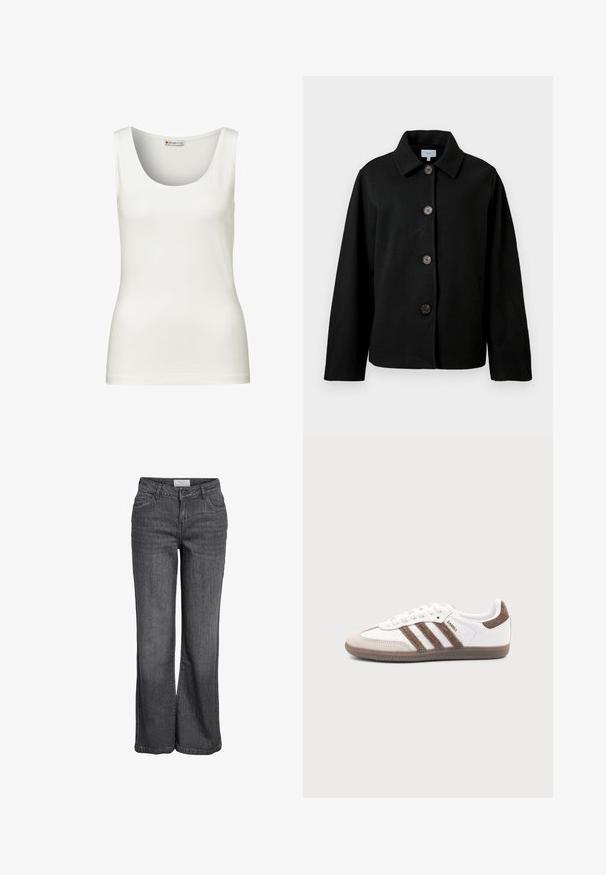 Veste noire à manches longues avec un col et quatre grands boutons marron sur le devant, affichée sur fond blanc.; Débardeur blanc sans manches avec un col rond, fabriqué en tissu en coton lisse, présentant une coupe ajustée et sans motifs ni accents visibles.; Jean large en denim gris foncé. Caractéristiques : taille haute, design traditionnel à cinq poches et ourlet net sans embellissements.; Baskets Adidas Samba blanches avec des bandes en daim marron, semelle en caoutchouc marron et bout en daim beige, vues du côté extérieur sur un fond uni.