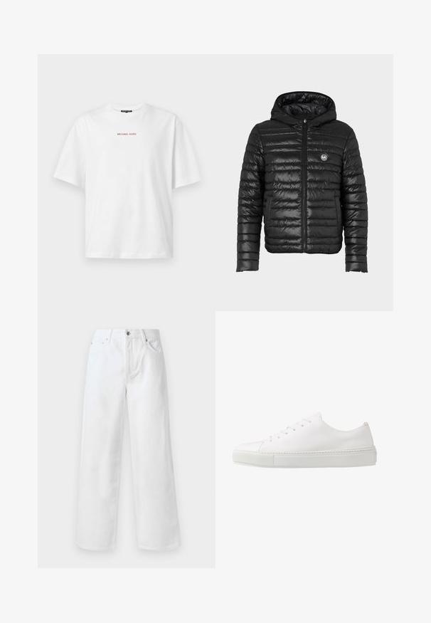 Chaqueta de plumas negra con cierre de cremallera, capucha y diseño acolchado vertical. Presenta un parche con el logo en el pecho y una textura suave y brillante.; Camiseta blanca de manga corta con cuello redondo y pequeño texto rojo "MICHAEL KORS" centrado en el pecho.; rag & bone BAGGY - Vaqueros baggy - white; Zapatilla blanca de cuero con un acabado suave, puntera redonda y seis ojales para los cordones. Cuenta con una suela de goma texturizada y un diseño minimalista.