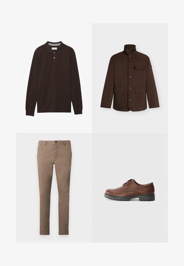 Chaqueta marrón oscuro con cuello alto, cinco botones frontales, un bolsillo en el pecho con solapa y dos grandes bolsillos inferiores con solapa, exhibida sobre un fondo blanco.; Camisa polo de manga larga en algodón marrón oscuro, con cuello, tapeta de tres botones y acentos de rayas blancas. Textura suave.; Pantalones marrones ajustados de hombre con cierre frontal de botón y cremallera, trabillas para cinturón y bolsillos laterales, mostrados planos sobre un fondo blanco.; Zapato oxford de cuero marrón con textura suave, punta redonda y suela de goma negra con un patrón de tracción. Cordones sujetos en la parte delantera.