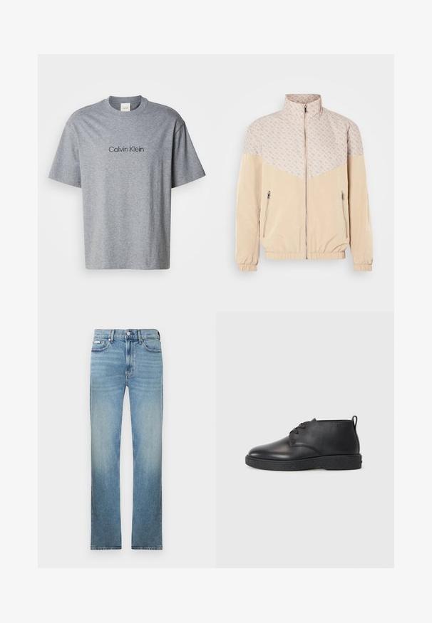Beige windbreaker jack met een gestructureerd bovenstuk. Heeft een staande kraag, een rits aan de voorkant en elastische manchetten. Twee zijzakken met rits.; Grijze katoenen t-shirt met korte mouwen, ronde halslijn en een geprinte "Calvin Klein" logo in een donkerdere tint over de borst.; Lichtblauwe spijkerbroek met rechte pijpen, ontwerp met vijf zakken en een vervaagde afwerking. Voorzien van een knoopsluiting en riemlussen.; Zwarte leren enkelboots met een gladde textuur, ronde neus en zwarte rubberen zool. Voorzien van een vetersluiting en een hielbandje voor eenvoudig aan- en uittrekken.