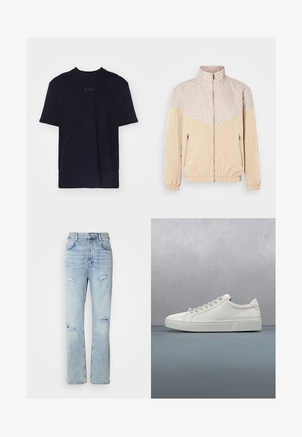 Veste coupe-vent beige avec une section supérieure à motifs. Comprend un col montant, une fermeture éclair à l'avant et des poignets élastiques. Deux poches latérales zippées.; T-shirt en coton bleu marine à manches courtes et col rond, avec un logo "BOSS" gris centré sur la poitrine.; Jean en denim délavé avec une coupe décontractée, présentant des zones déchirées et des bords effilochés. Le tissu a une texture douce et lisse.; Baskets en cuir blanc avec un bout arrondi, design minimaliste, lacets gris et semelle en caoutchouc gris texturé. Détails de couture subtils visibles.